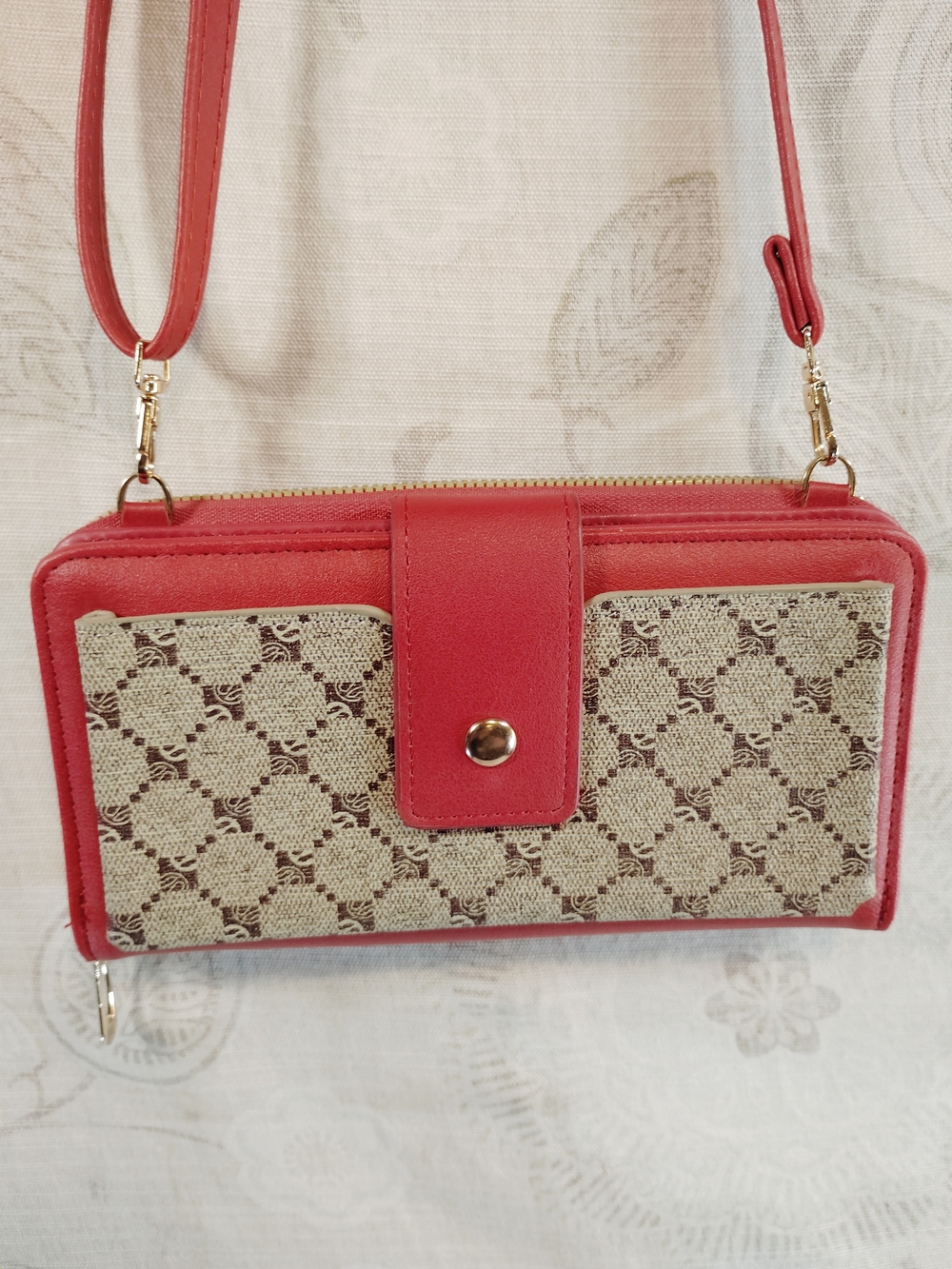 Red Leather-Trim Crossbody Wallet Purse